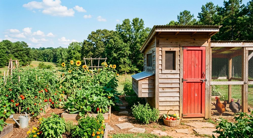 A handmade backyard coop with a red door beside a vegetable garden