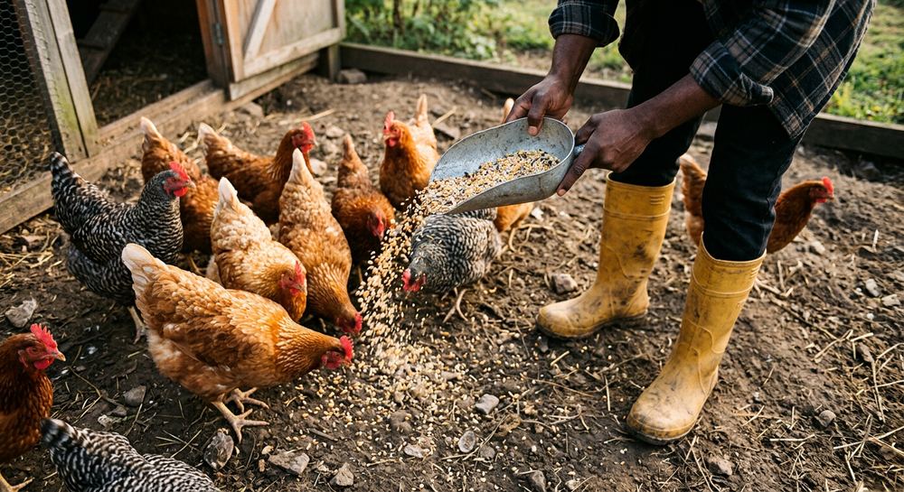 Hands scattering feed for hens
