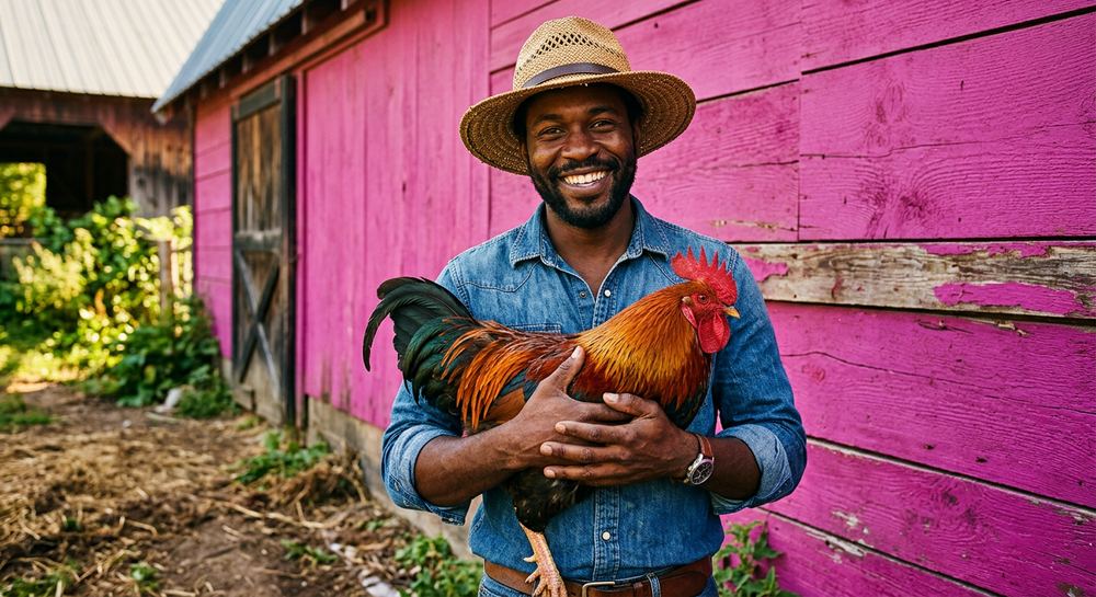 A man in a straw hat holding a rooster against a pink barn wall