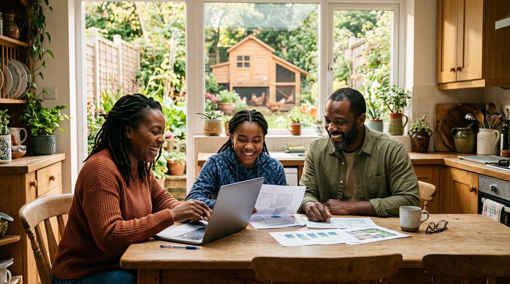 A family of three at a kitchen table with a laptop and papers, a backyard coop in the window behind them